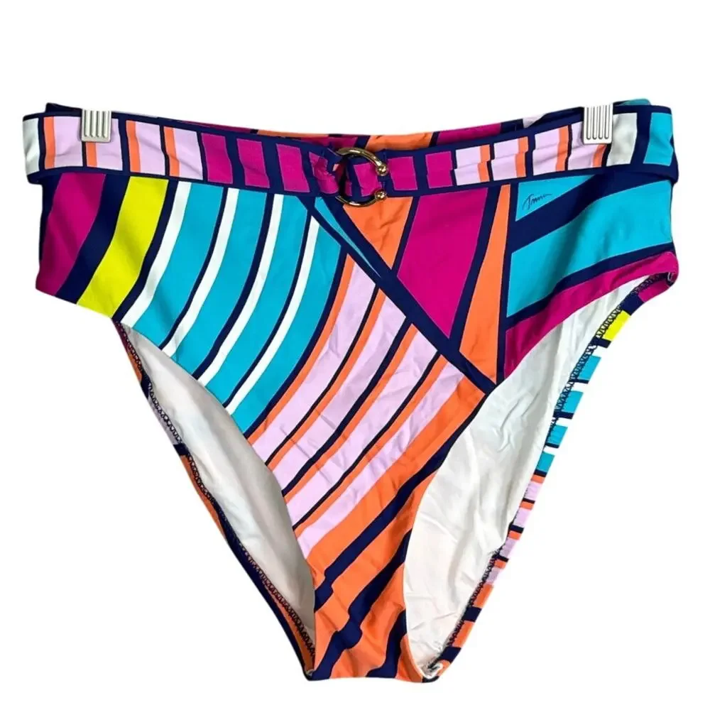 NEW Trina Turk Catch A Wave High Waist Bikini Bottoms Belted Waist SZ 10
